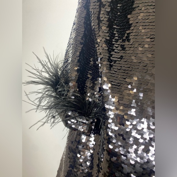 NWOT UNGARO Black Sequin Dress with Feather Cuffs - Picture 6 of 8